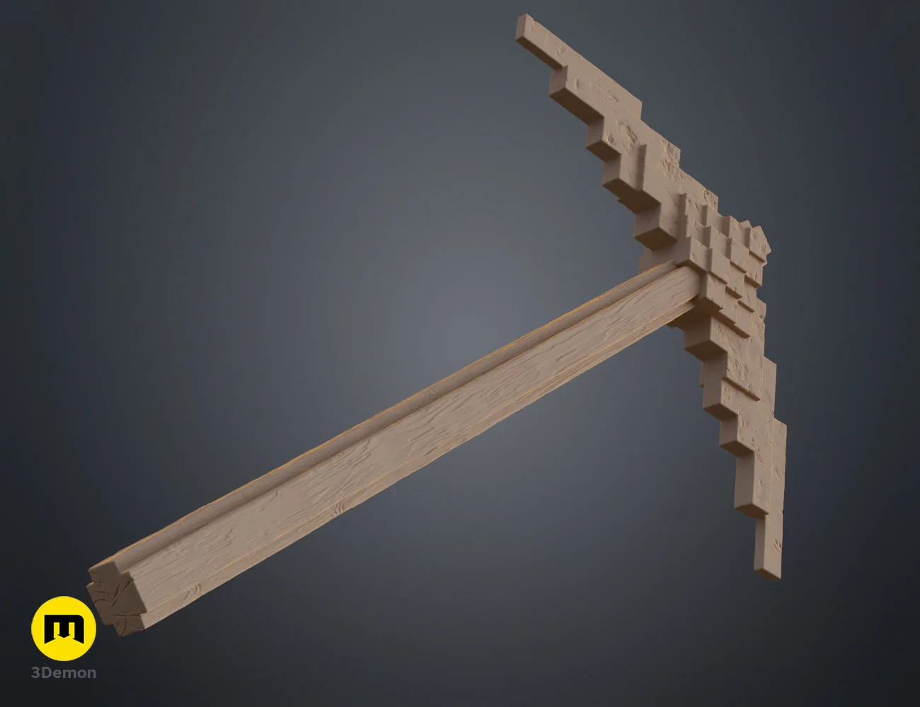 Blocky Minecraft Movie Diamond Pickaxe 3D render with wooden handle and blue head