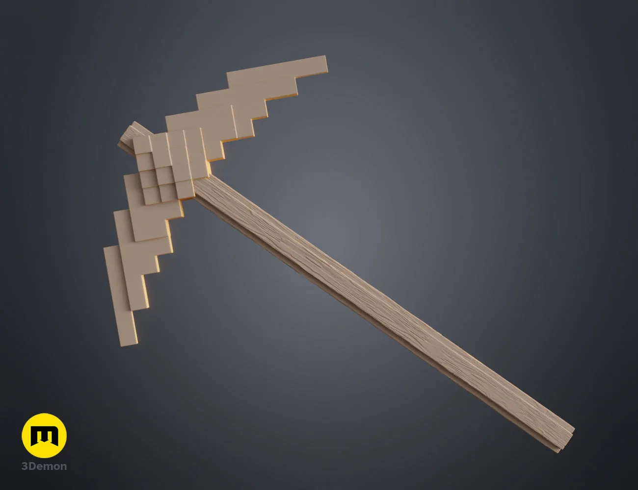 Detailed 3D render of the textured Minecraft Movie Diamond Pickaxe against dark background