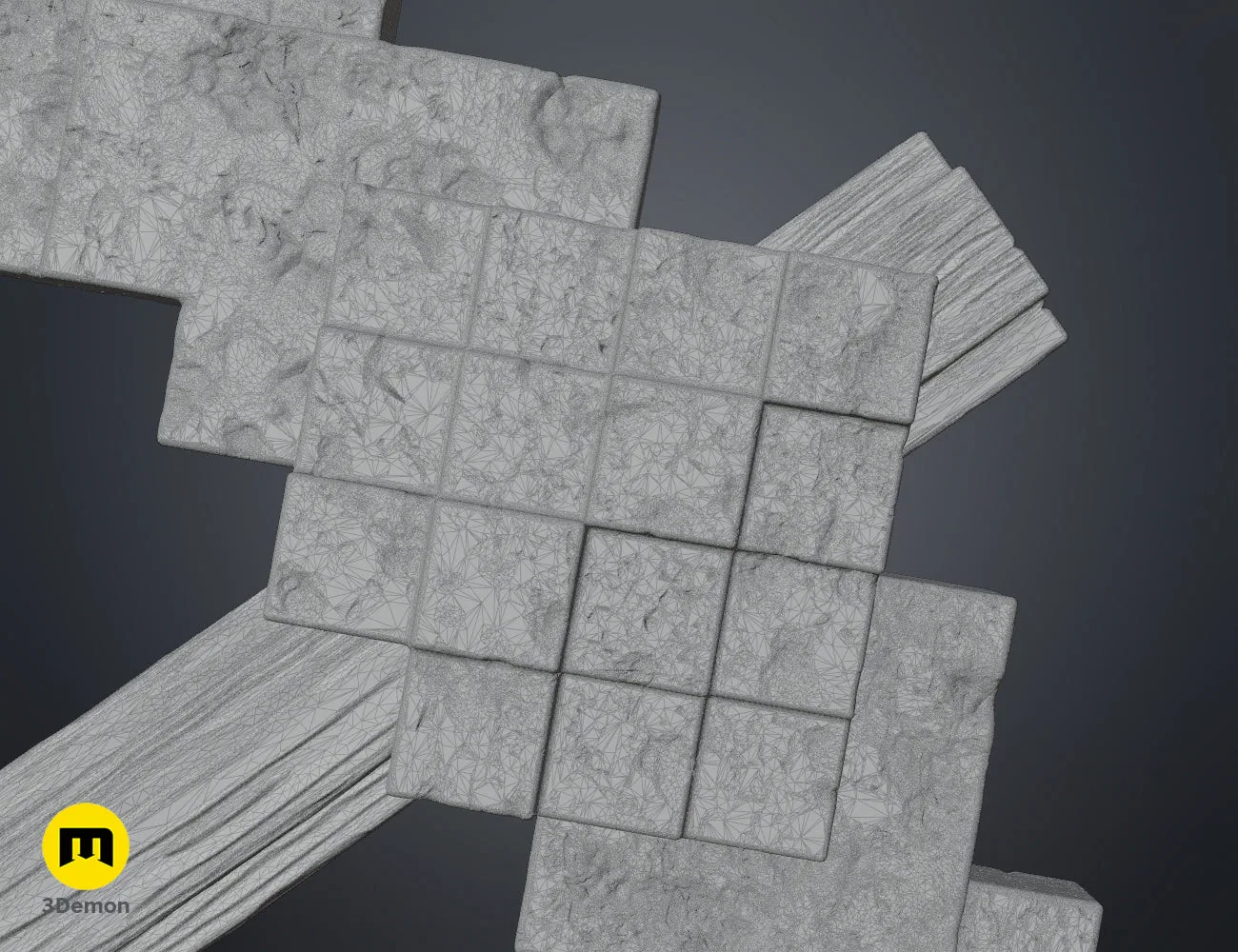 3D wireframe mesh of the Minecraft Movie Pickaxe model showing its geometric structure