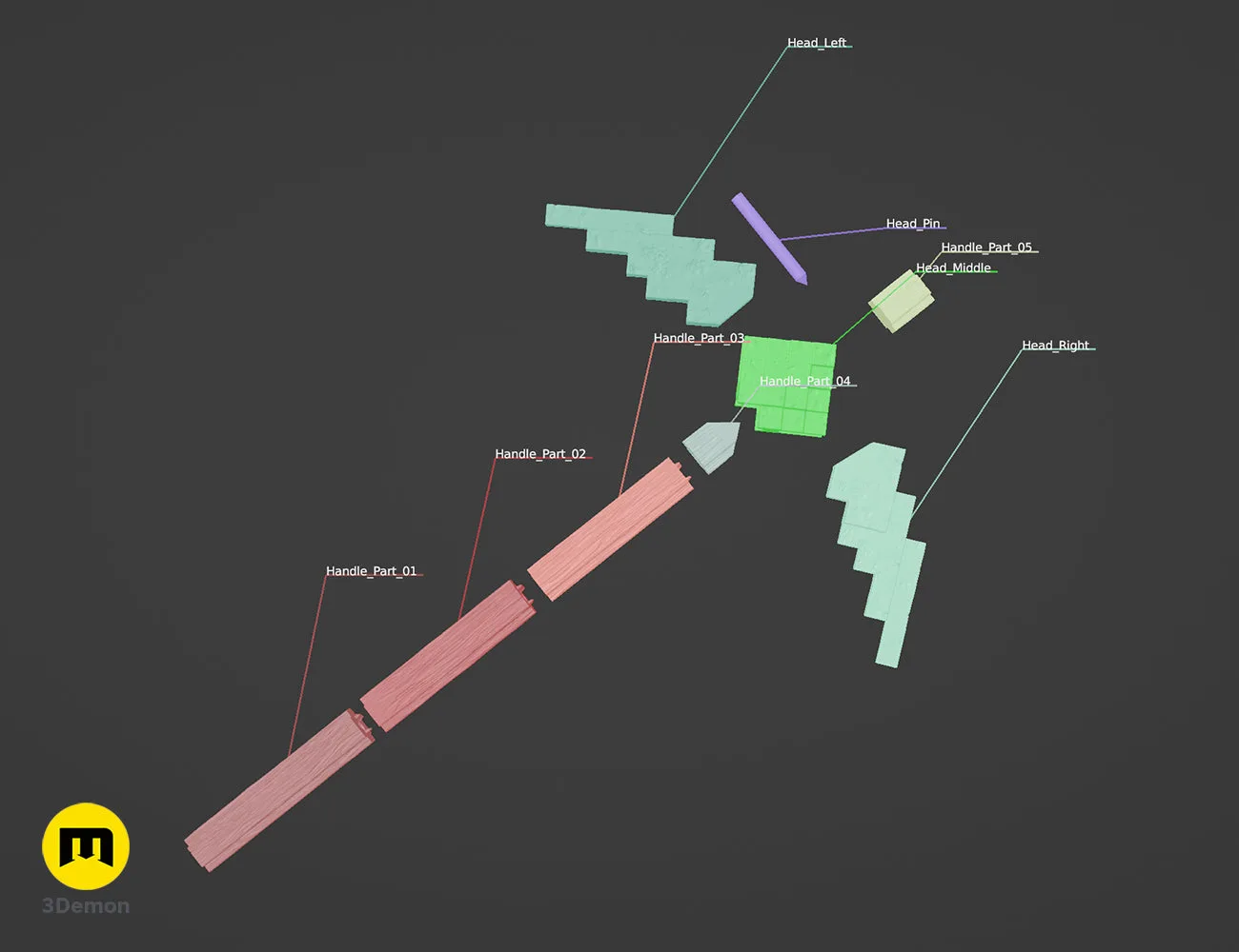 3D digital render of the Minecraft Movie Diamond Pickaxe model in blue and brown colors
