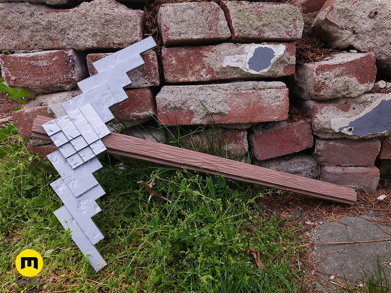3D printed Minecraft Movie Diamond Pickaxe prop with detailed realistic wood texture
