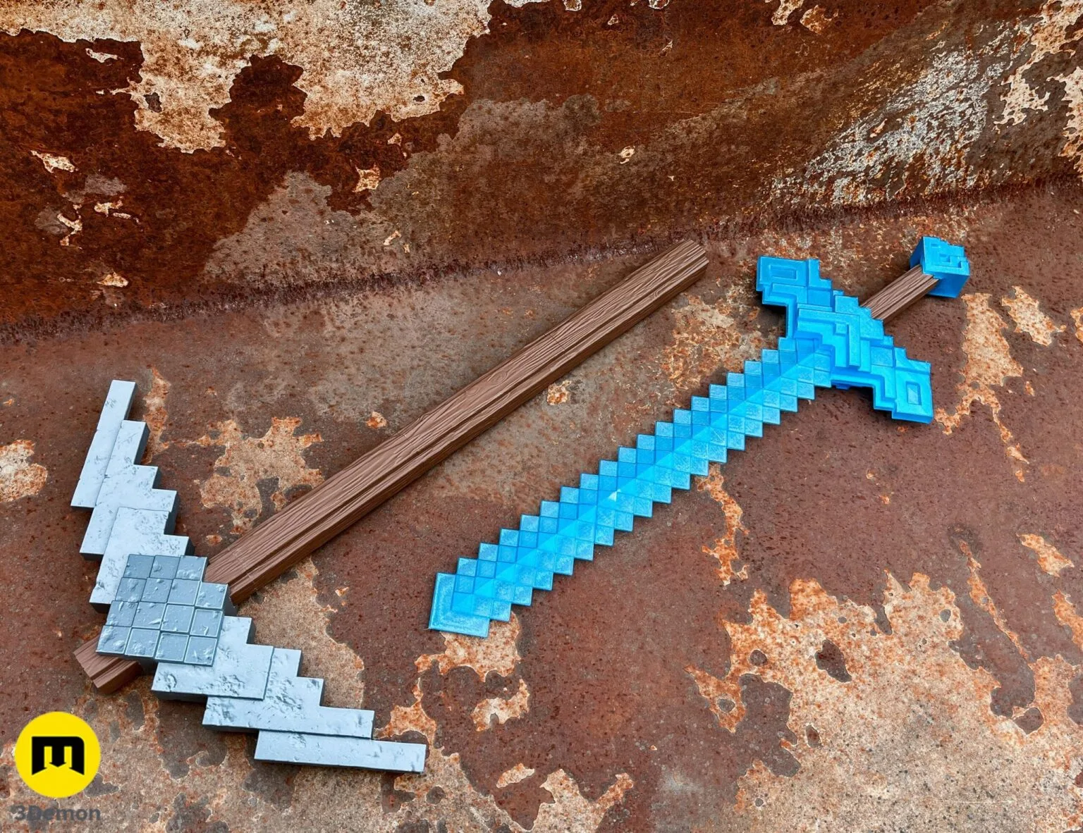 Lifestyle photo of Minecraft Movie diamond sword (light blue) lying horizontally on rusty metallic surface showing full 700mm blade length and blocky square guard