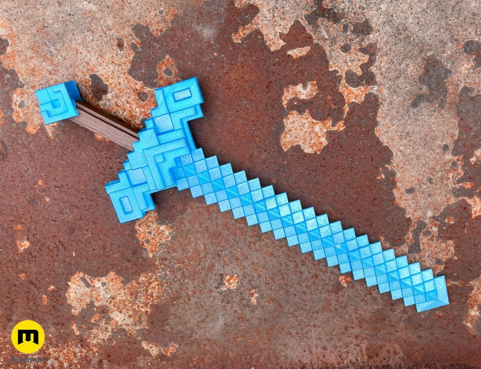 Lifestyle photo of person holding Minecraft Movie diamond sword (light blue) outdoors from side angle showing full blade width and pixel-blocky proportions at cosplay scale