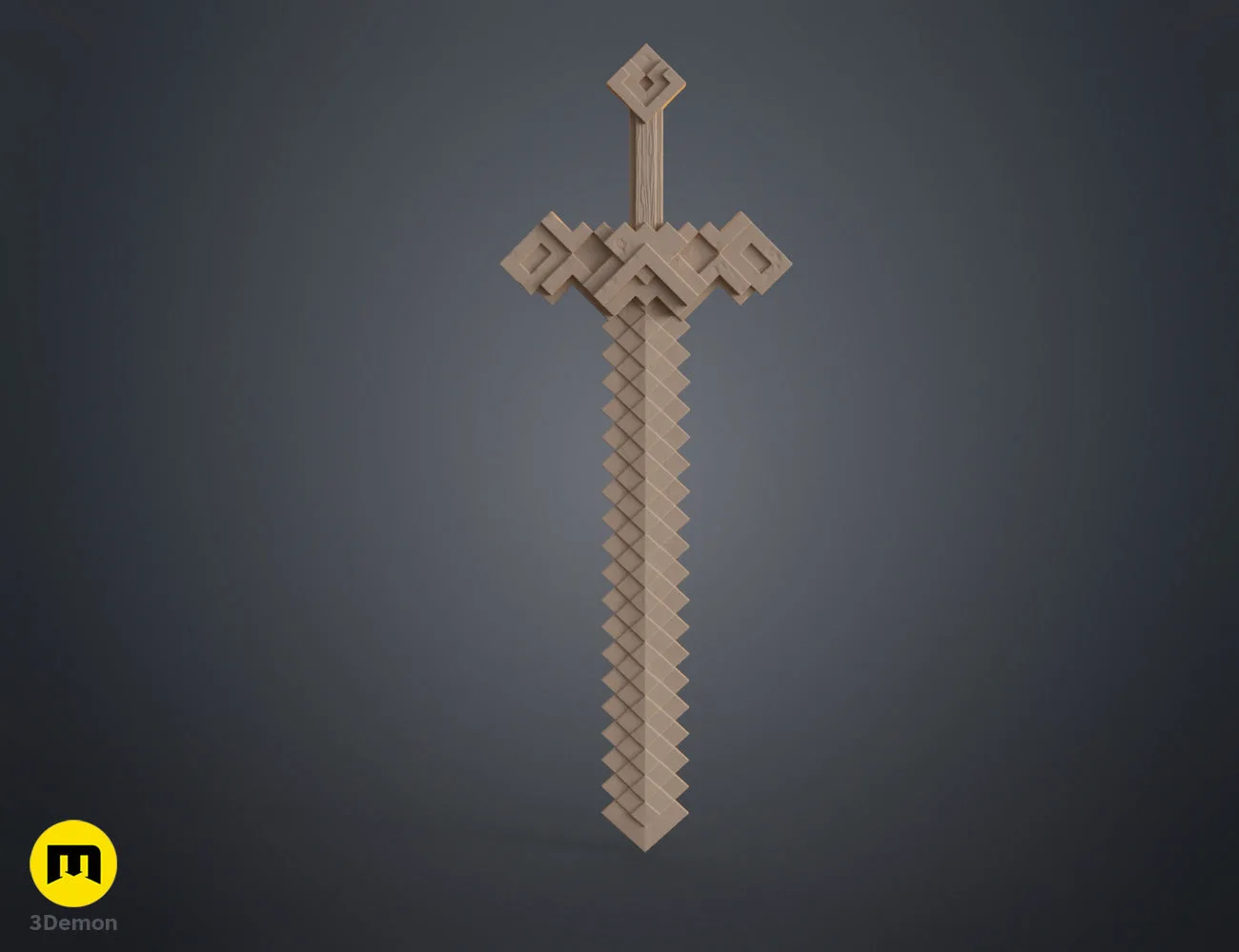 Clay render perspective view of Minecraft Movie sword in matte beige showing blocky pixel blade and guard geometry without color