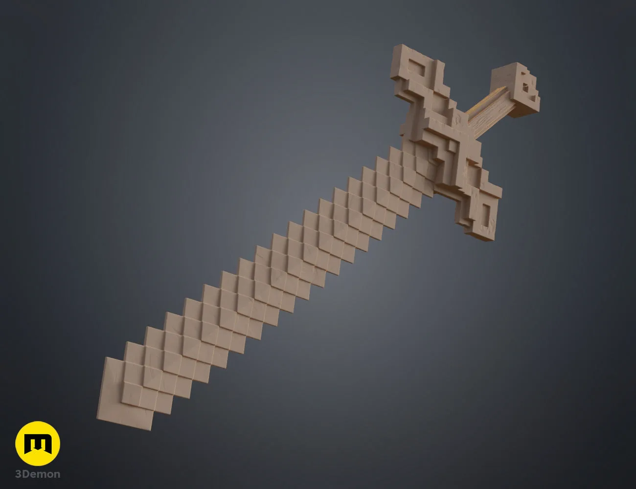 Clay render flat side view of Minecraft Movie sword in matte beige showing complete silhouette of blocky rectangular blade guard and grip in neutral material