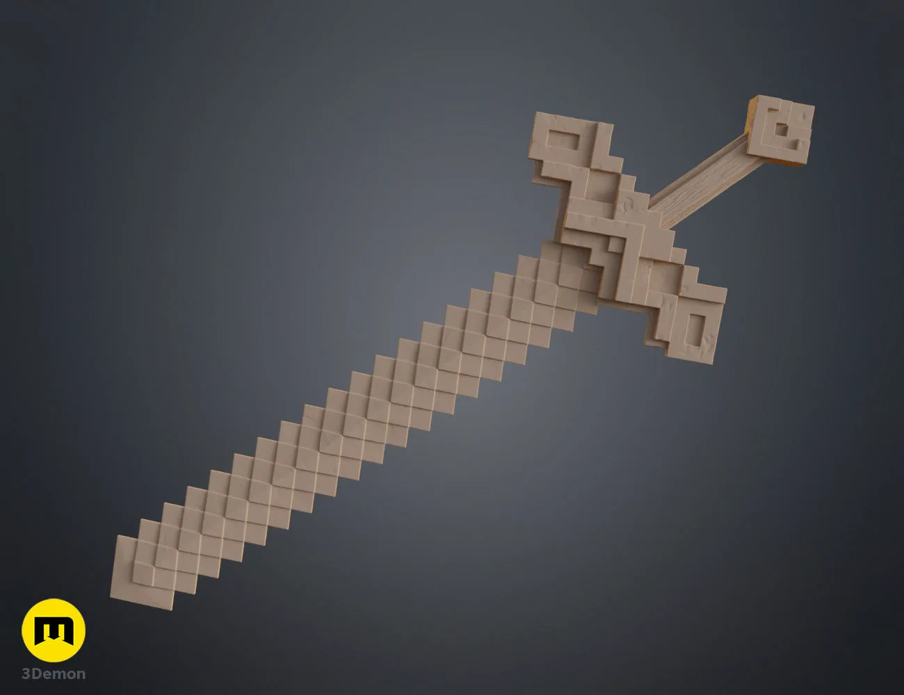 Clay render front-face view of Minecraft Movie sword in beige showing front edge of flat blocky blade and symmetric guard cross-section