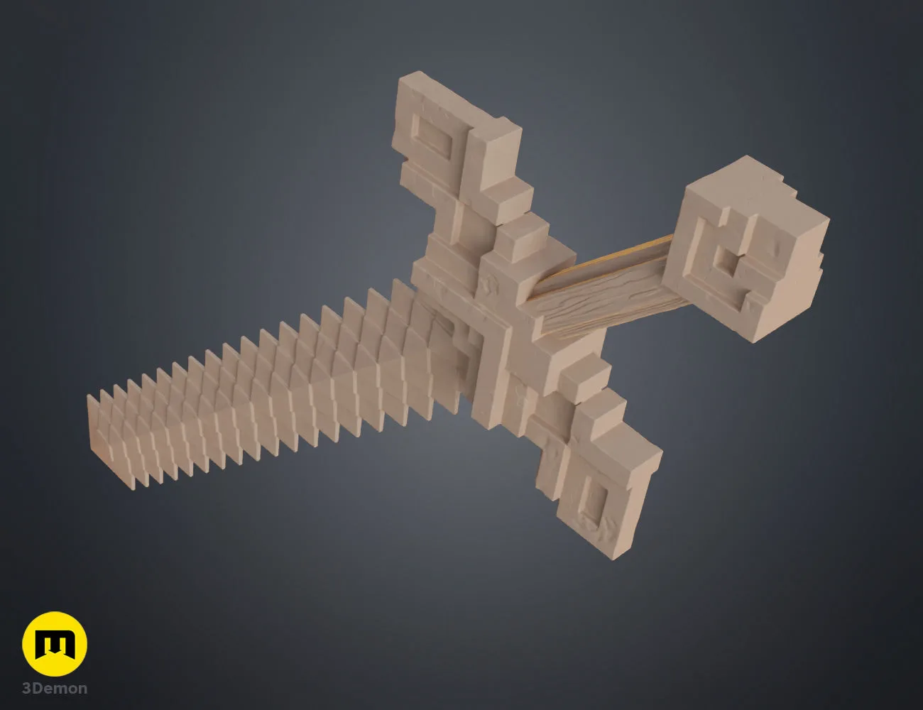 Clay render top-down view of Minecraft Movie sword in beige showing overhead blade face width guard block and overall pixel square proportions