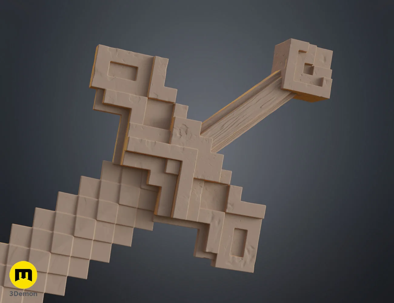 Clay render perspective from hilt of Minecraft Movie sword in beige showing grip handle and guard from lower pommel end looking up toward blade tip