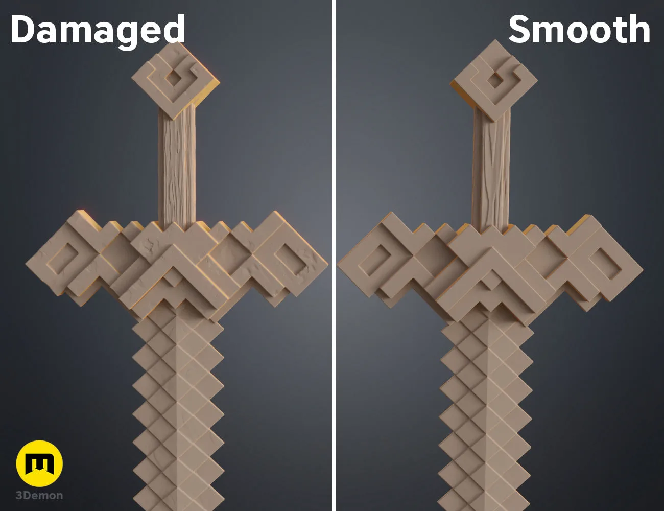 Color guide render showing Minecraft Movie diamond sword (translucent light blue) and iron sword (grey with dark grip) versions side by side with color palette legend