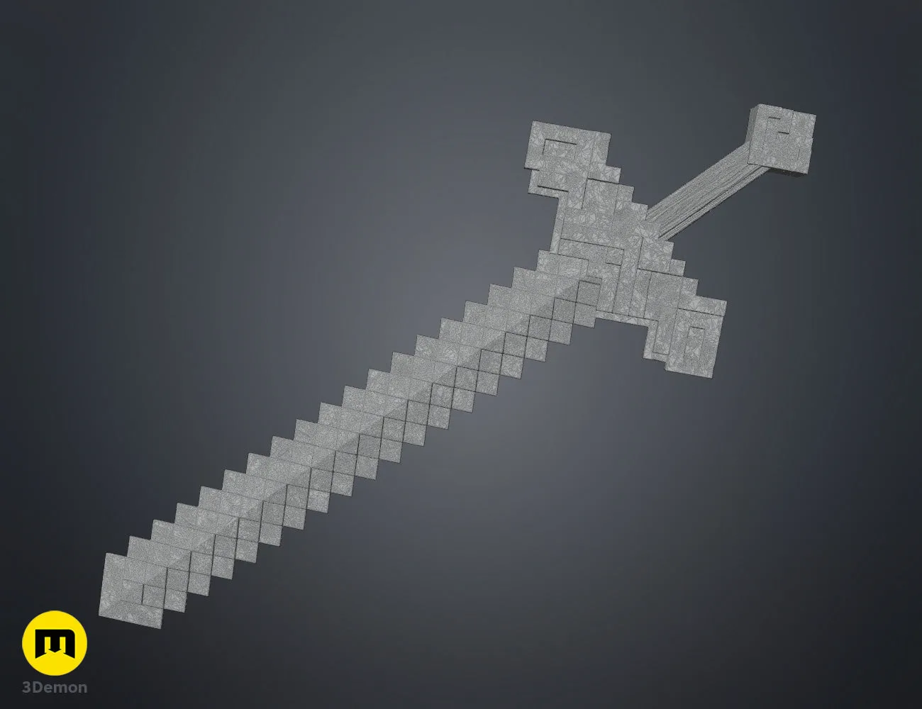 Wireframe mesh render of Minecraft Movie sword showing grey polygon topology grid of complete blocky pixel sword geometry including blade guard grip and pommel