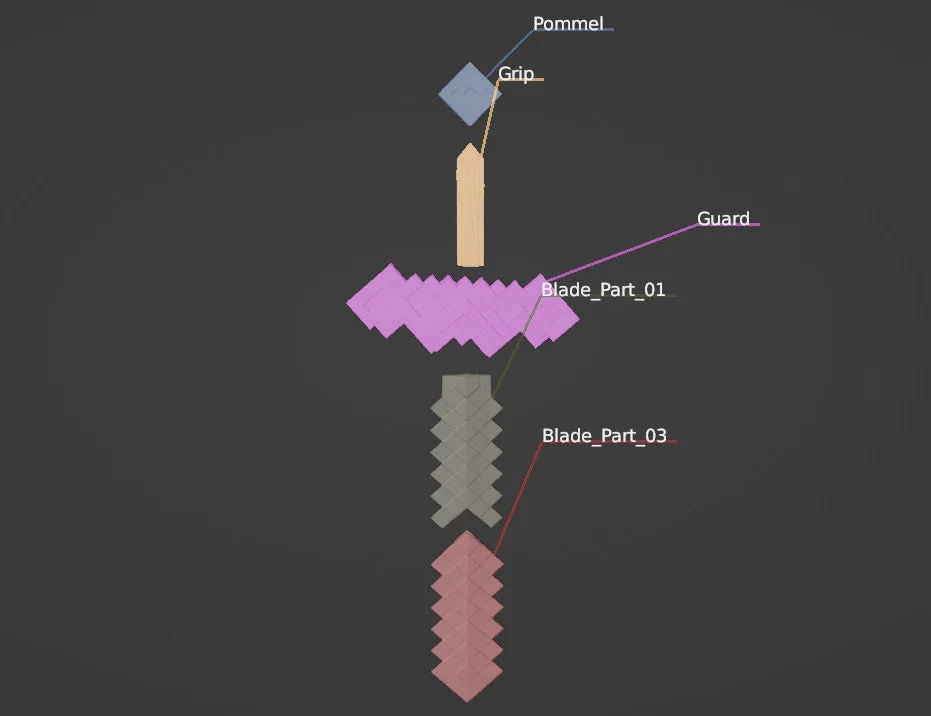 Exploded parts guide for Minecraft Movie sword showing all individual 3D printable components: grip handle sections guard and blade segments with assembly reference