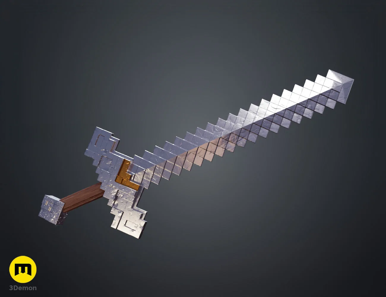 Colored render of Minecraft Movie diamond sword in translucent icy blue showing perspective view of complete blocky pixel sword geometry on dark background