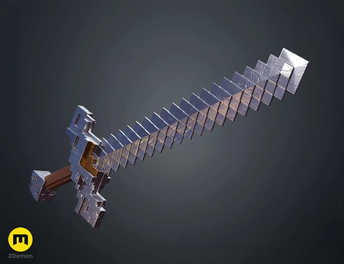 Colored flat side-view render of Minecraft Movie diamond sword in icy blue showing complete silhouette with blocky rectangular blade guard and grip at 700mm scale