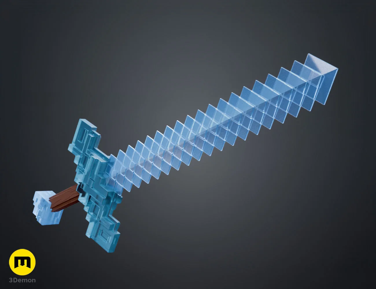 Colored angled render of Minecraft Movie diamond sword in icy blue from hilt toward tip showing blade taper and guard block proportions from grip end perspective