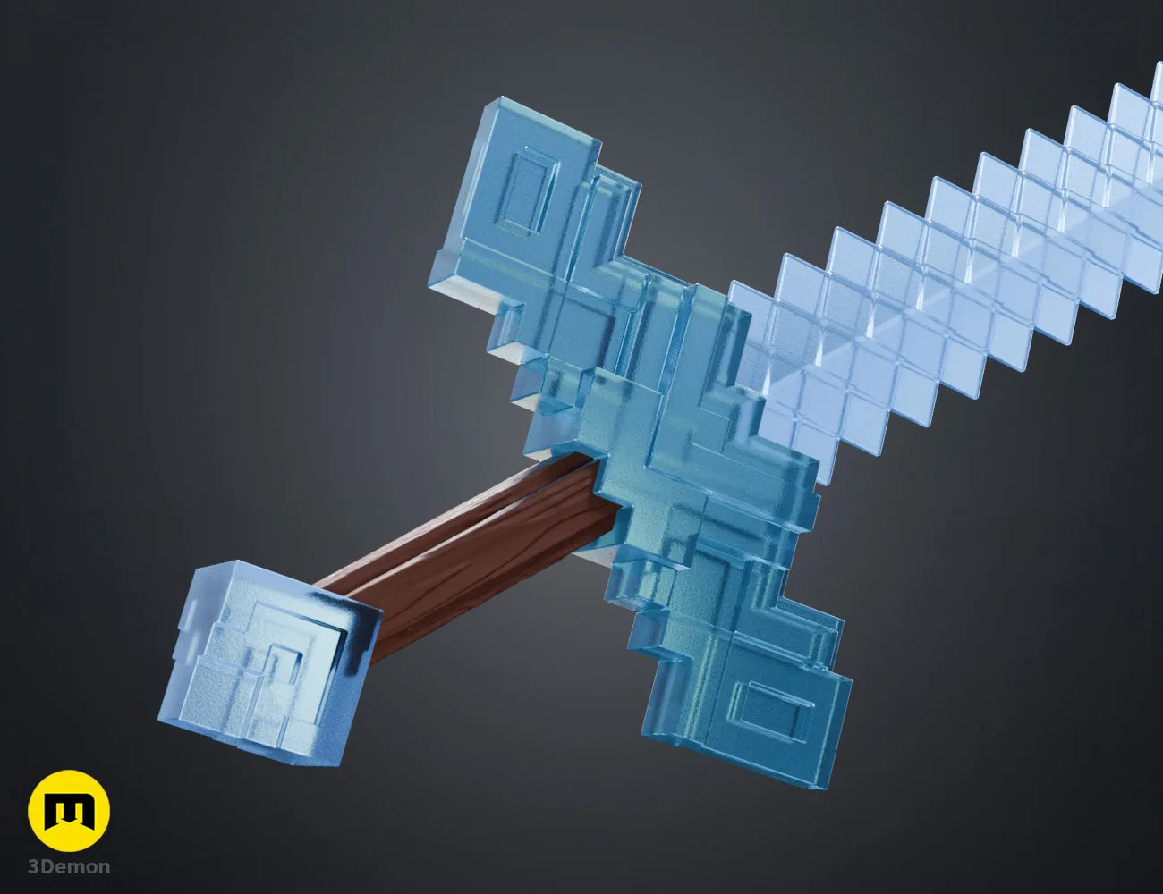 Colored high-angle perspective render of Minecraft Movie diamond sword in icy blue showing elevated diagonal view of complete blocky pixel sword model