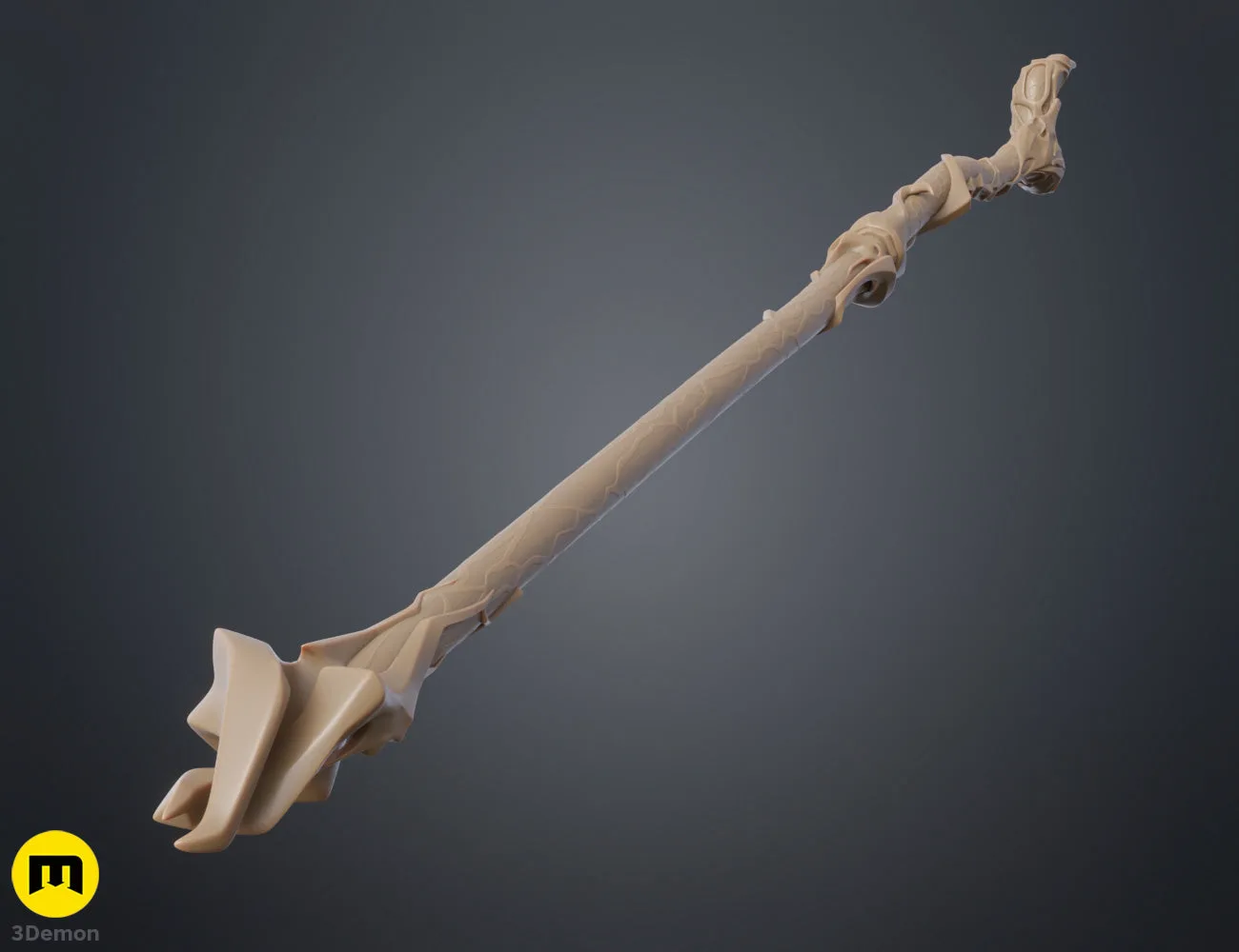 Clay render close-up of Viktor Arcane Hex Staff mechanical head in grey showing sculptural cage layers mechanical arms hexagonal frames and crystal housing without color