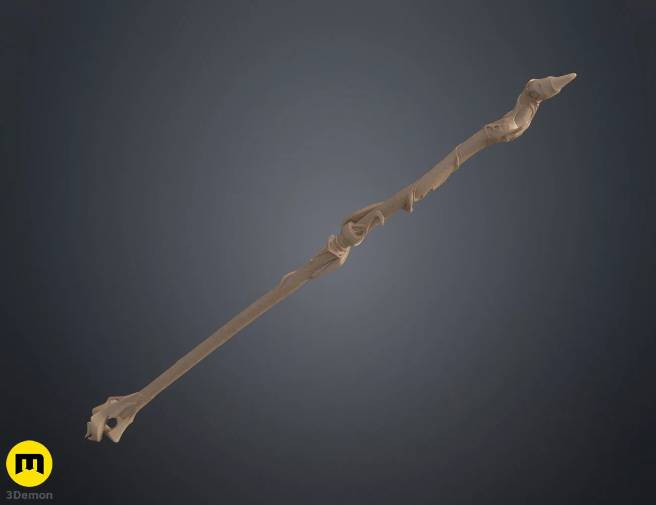 Clay render close-up of Viktor Arcane Hex Staff curved shaft mid-section in grey showing bio-mechanical organic texture relief patterns and intricate surface detail on the carved staff body