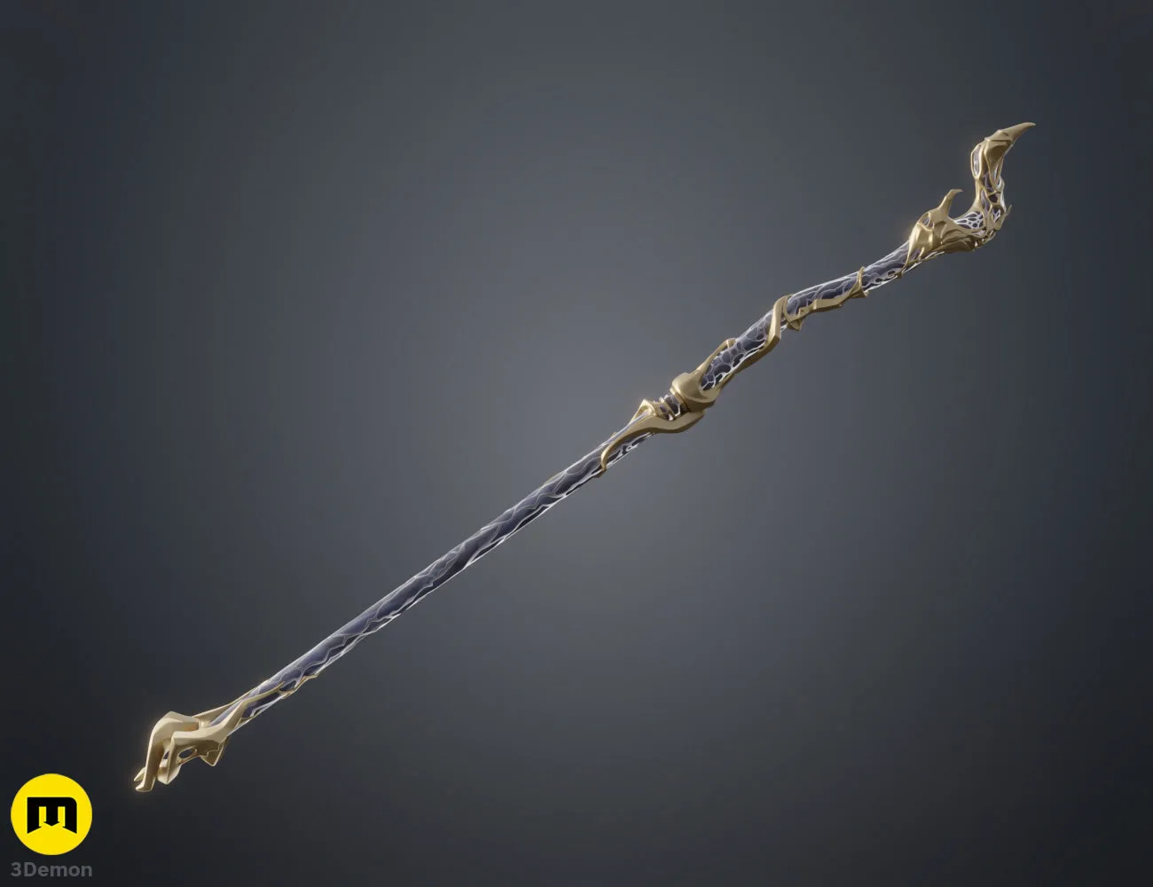 Colored render close-up of Viktor Arcane Hex Staff mechanical head in rich bronze and gold finish with purple glowing crystal realistic light and shadow showing intricate cage detail