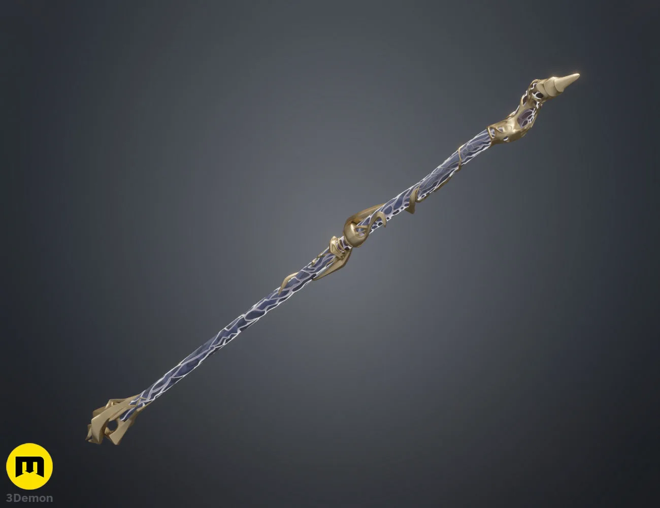 Full-length colored render of Viktor Arcane Hex Staff showing complete 1640mm silhouette with gold-bronze metallic mechanical head dark patterned curved shaft and tapered metal ferrule tip