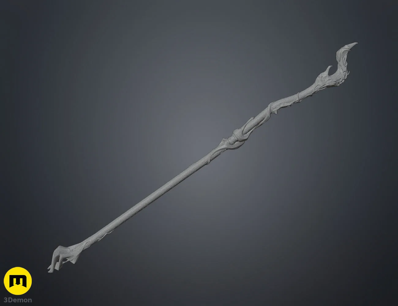 Wireframe mesh full view of Viktor Arcane Hex Staff showing dense polygonal mesh structure of complete staff including head cage shaft texture and ferrule tip geometry