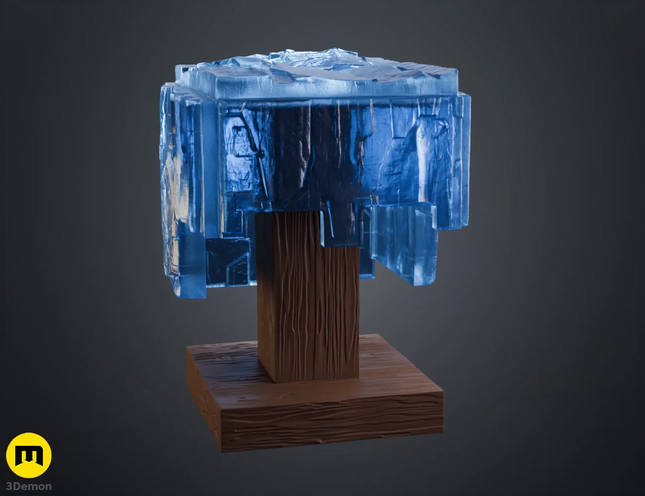 Front high-quality colored render of Minecraft Movie diamond helmet on blocky wooden stand with polished translucent blue crystalline finish and symmetric blocky eye slots