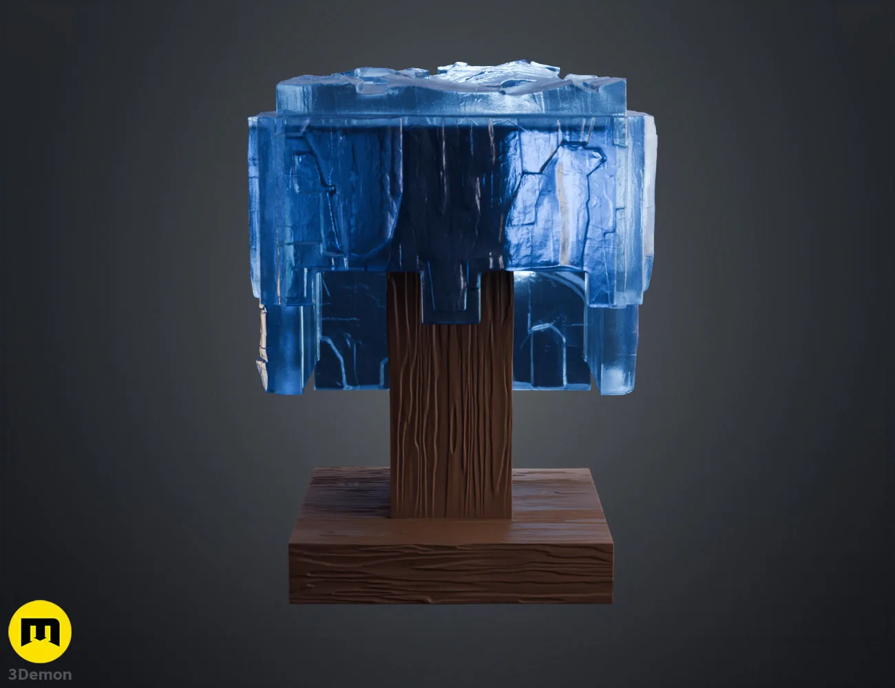 Front colored render of Minecraft Movie diamond helmet on blocky wood-grain display stand showing symmetric cubic eye slots and crystalline translucent blue pixel surface