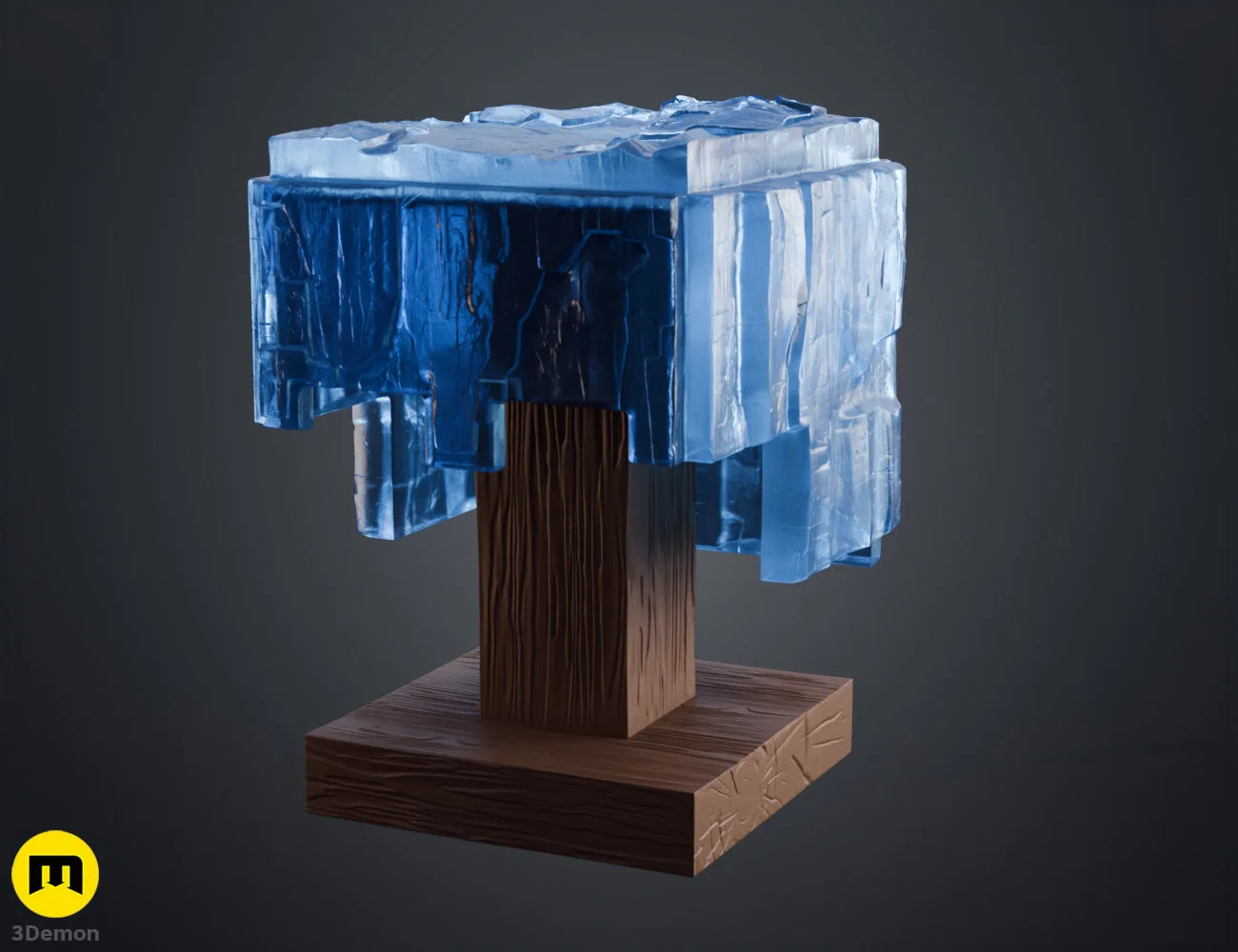 Top-front colored render of Minecraft Movie diamond helmet showing blocky eye slot openings and top pixel surface with crystalline blue transparency from elevated front angle