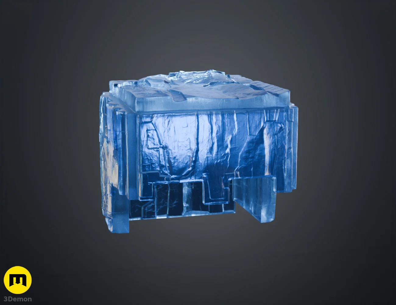 Side angled colored render of Minecraft Movie diamond helmet seated on vertical wooden-look blocky stand showing blocky face protrusions and side surface cubic texture detail