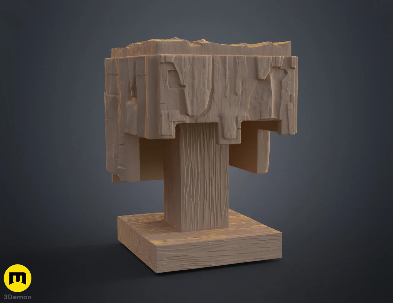 Clay render of complete Minecraft Movie helmet lamp assembly including helmet and blocky wooden stand in neutral grey showing full product design and proportions