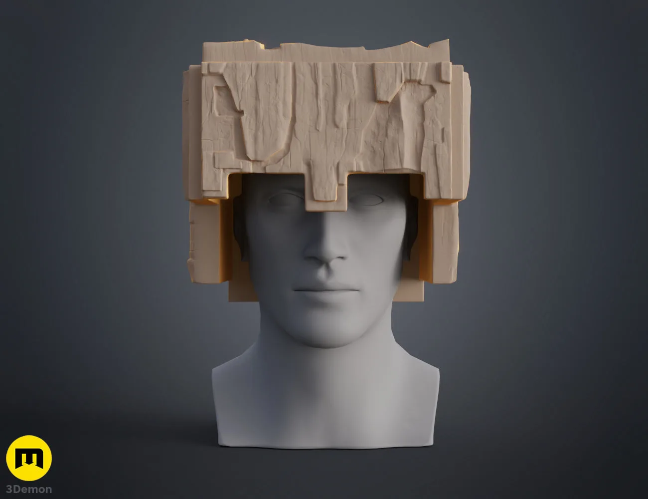 Clay render close-up of Minecraft Movie helmet interior rim base in grey showing internal cubic structures and how hollow lamp cavity is formed inside the lower edge of the helmet