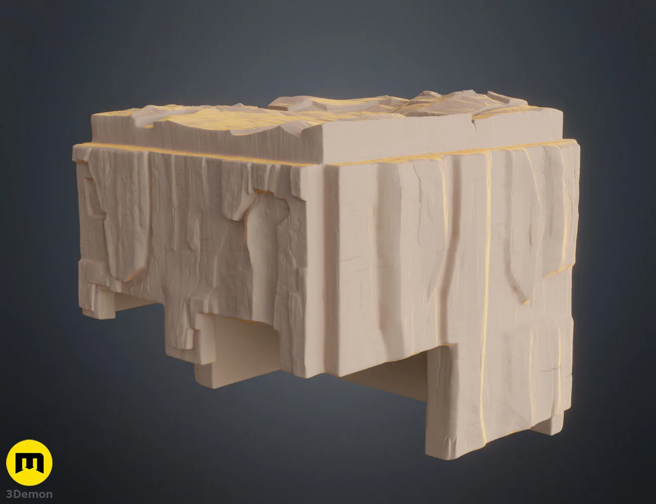 Clay render close-up of Minecraft Movie lamp stand base in grey showing blocky layered pixelated wood-grain level structure and interior cable routing space detail