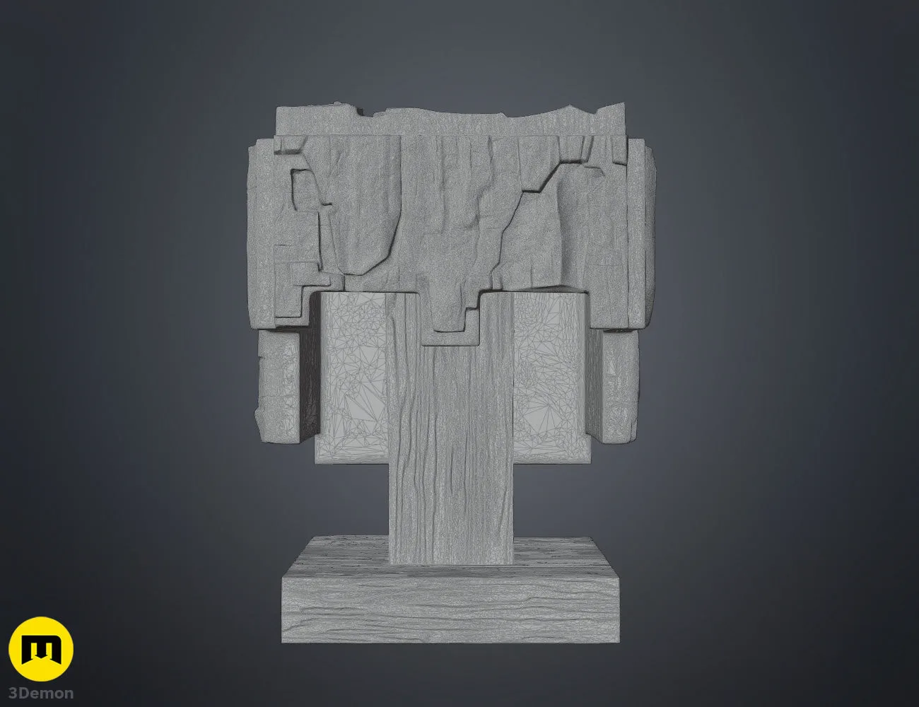 Wireframe mesh render of Minecraft Movie diamond helmet showing dense triangulated polygon topology over blocky cubic surface forms from front angle