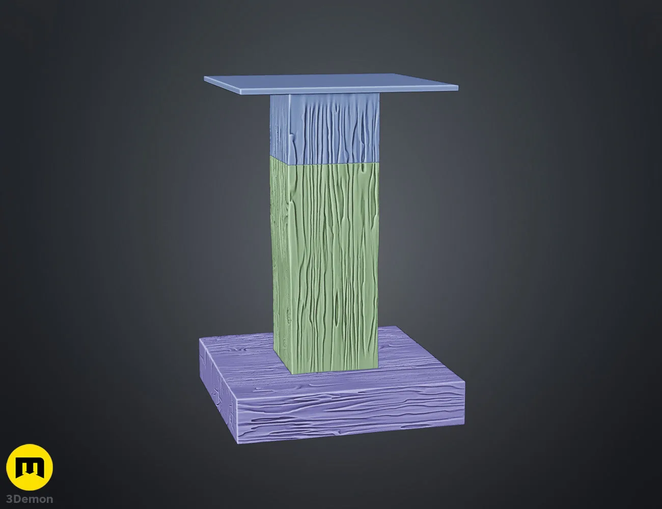 Color-coded parts guide for Minecraft Movie helmet lamp stand showing blue green purple sections indicating separate 3D printable blocky wood-grain base support and top insert components