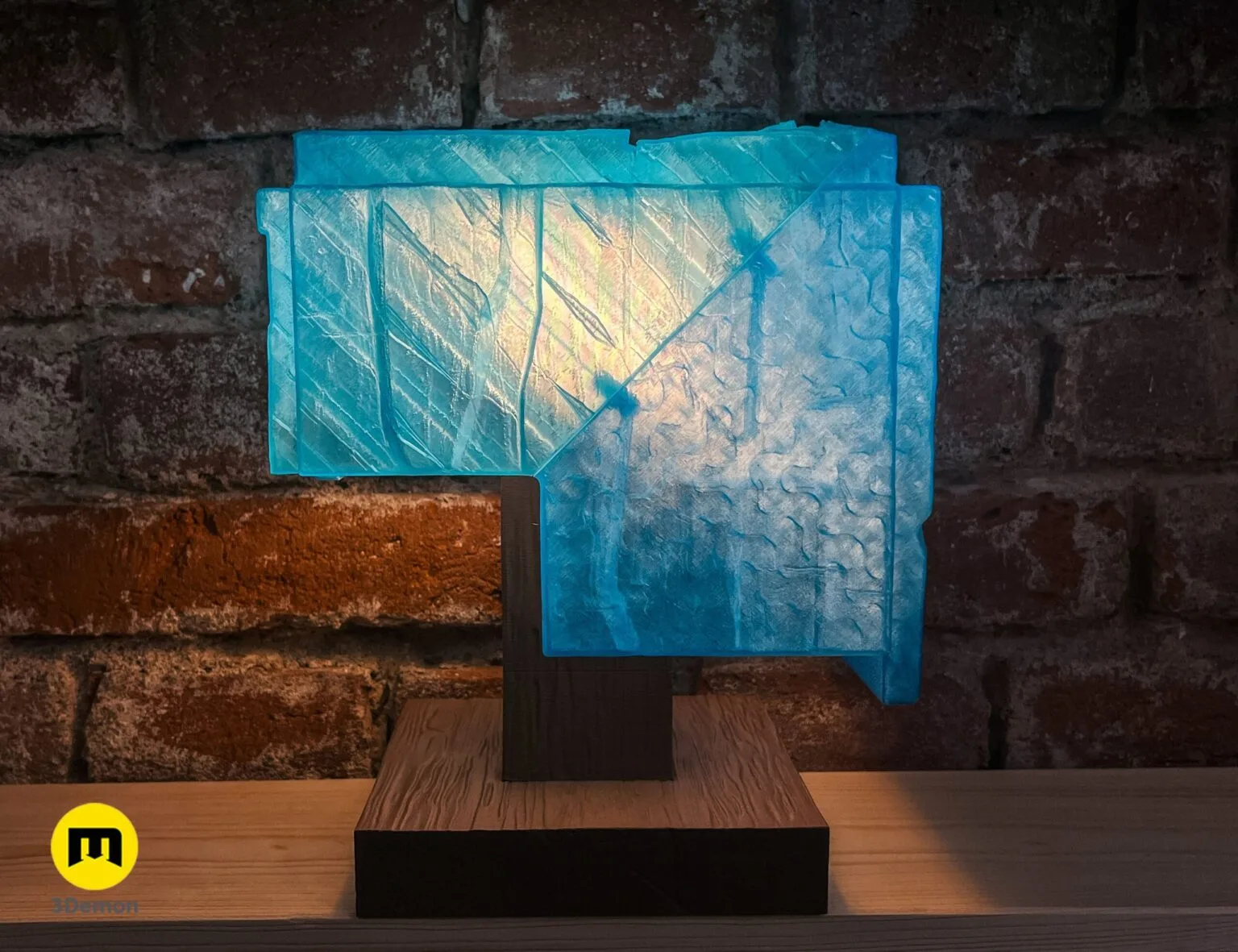 Rear-side lifestyle photo of Minecraft Movie diamond helmet on wooden stand showing back surface of blocky blue helmet and vertical stand profile
