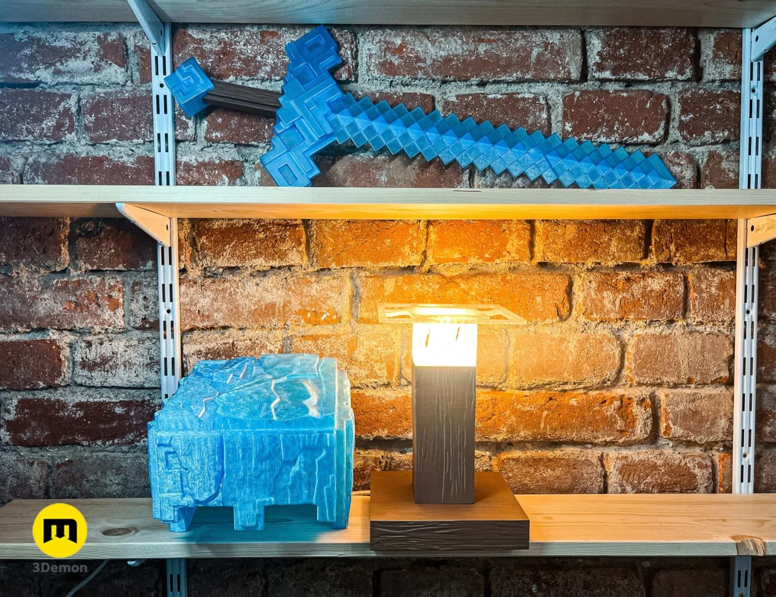 Side-front lifestyle photo of non-glowing Minecraft movie diamond helmet on blocky wooden stand in natural daylight showing full product assembly proportions and translucent blue cubic geometry