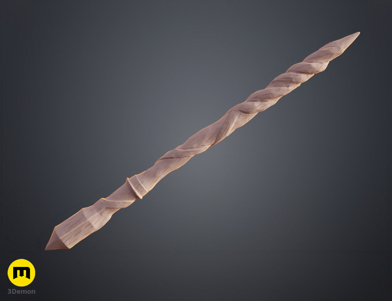 Colored render full view of Goncalo Flores wand on dark background in reddish-brown showing complete wand with pointed pommel twisted handle neck ring separator gnarled spiral body and sharp tapered tip