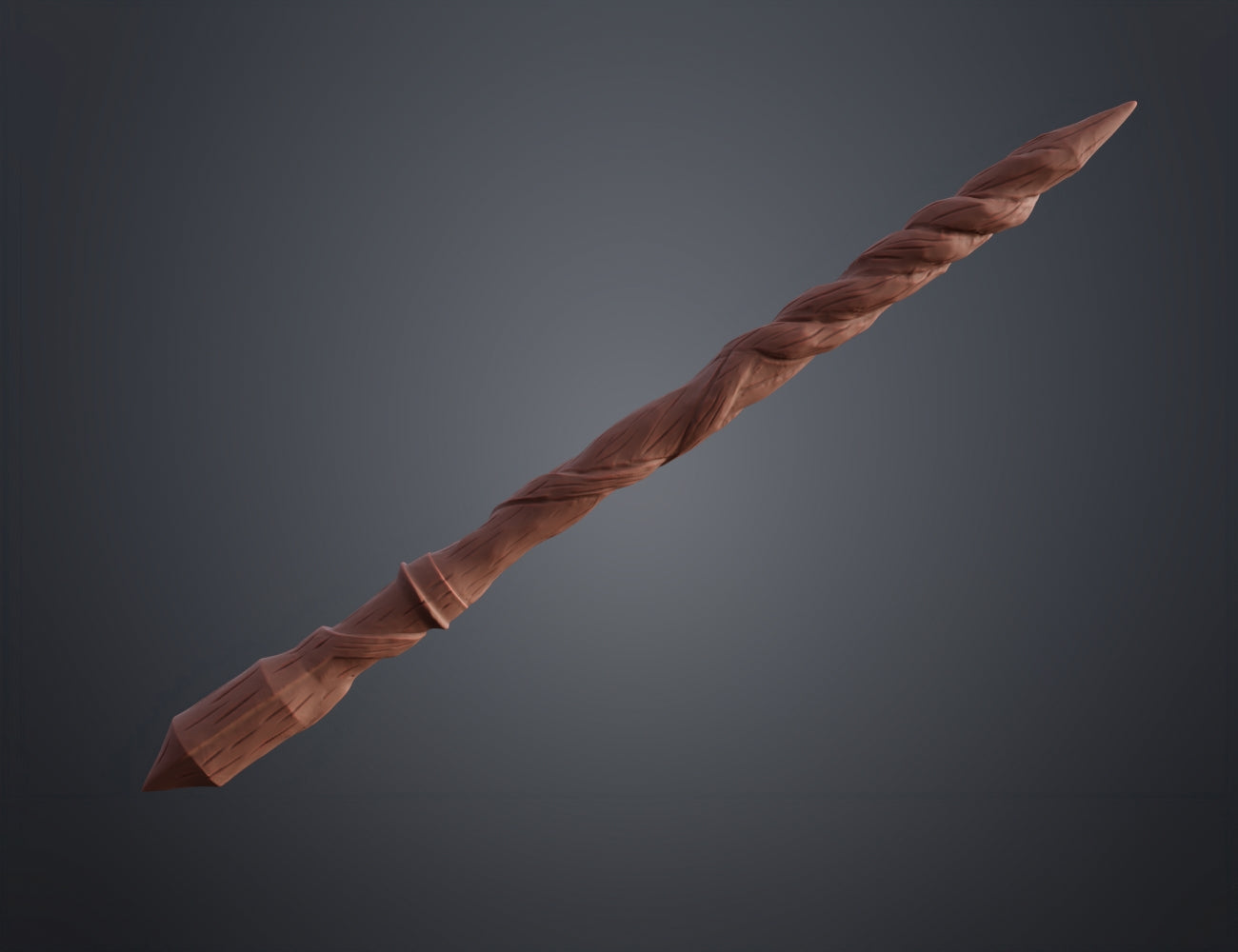 Colored render of Goncalo Flores wand in reddish-brown terracotta showing pointed faceted pommel short twisted grip section decorative separator ring and long gnarled organic spiral shaft tapering to sharp tip