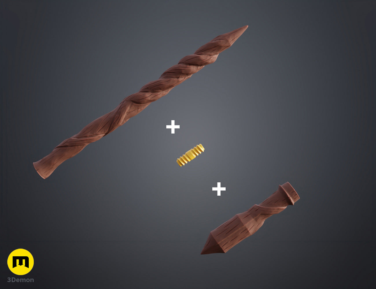 Colored render of Goncalo Flores wand close-up detail showing reddish wood grain texture deep organic spiral carving groove pattern and handle decorative ring separator in warm brown tones