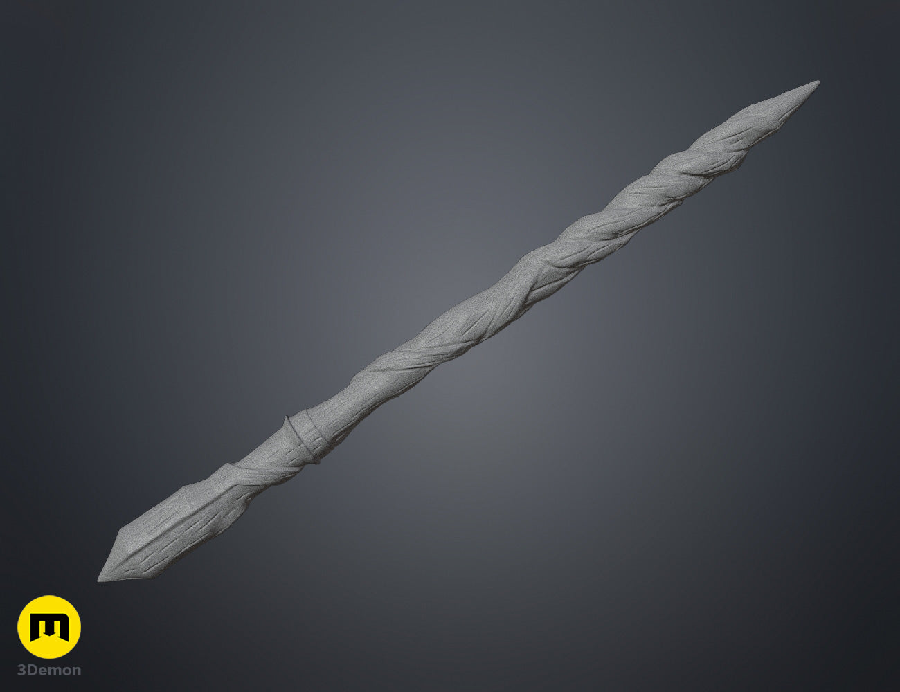 Wireframe mesh render of Goncalo Flores wand in grey showing detailed polygon topology of gnarled organic spiral carving pointed pommel and decorative ring separator geometry