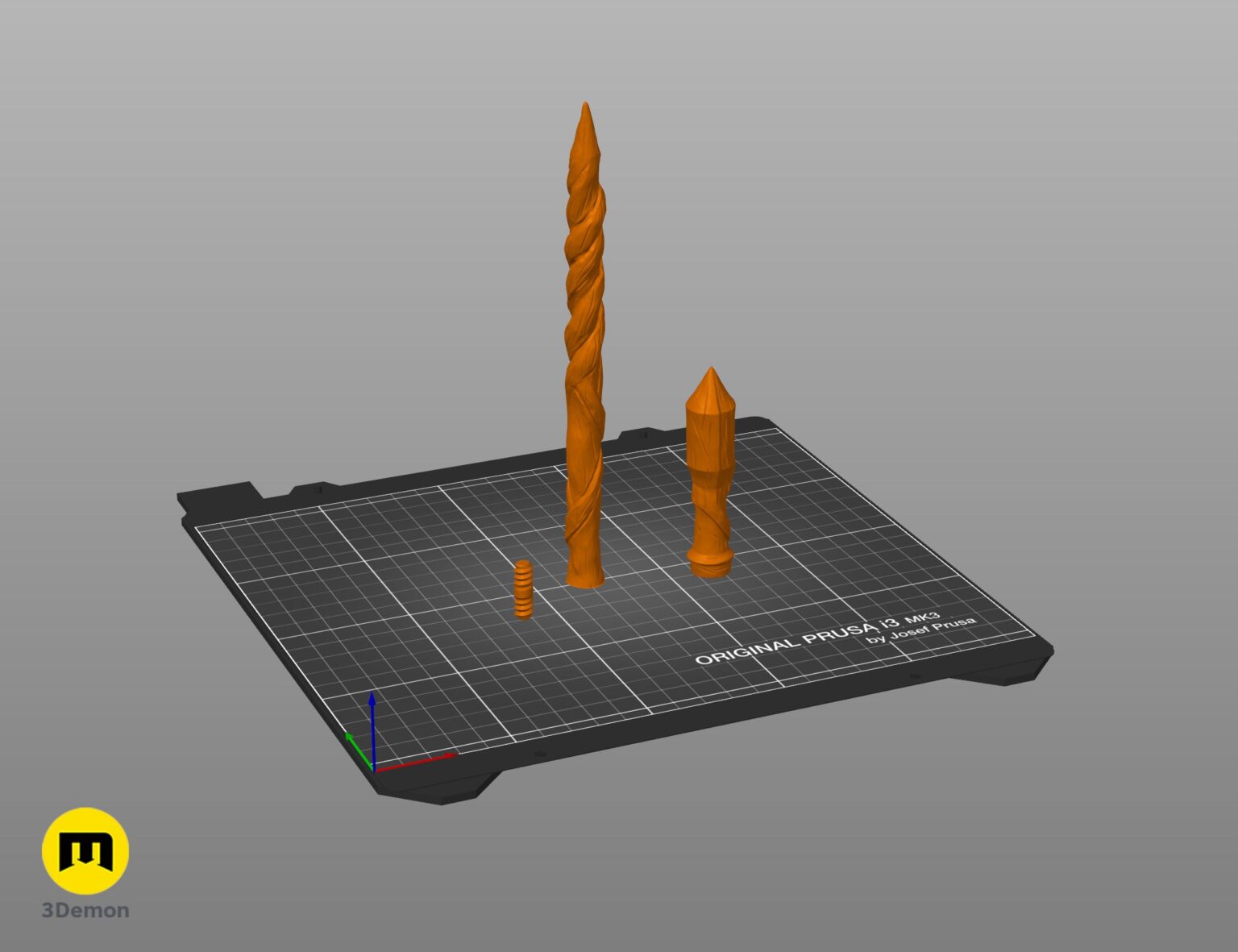 PrusaSlicer screenshot showing Goncalo Flores wand grey 3D model split into handle and tip parts with screw-thread connector for assembly placed on virtual print bed ready for FDM printing