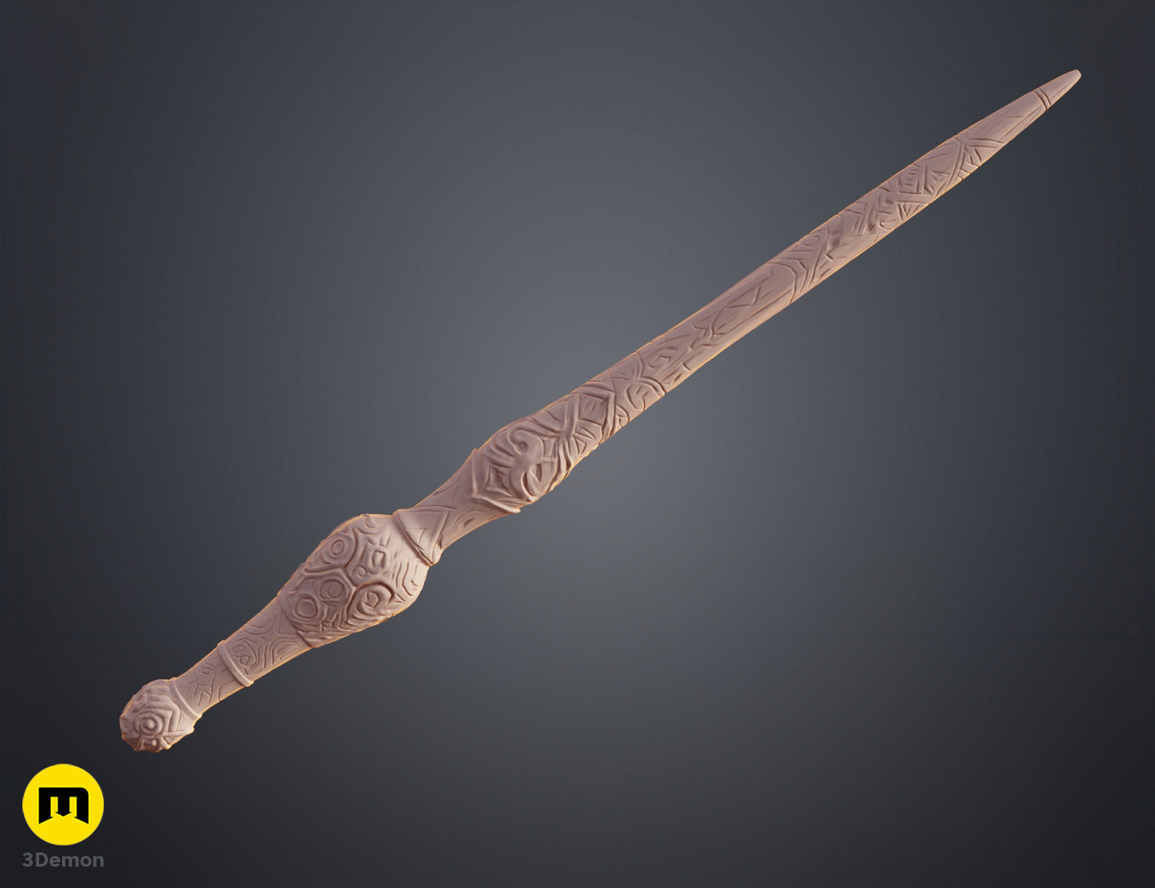 Clay render diagonal view of Rafael Santos wand on dark grey background in terracotta brown showing bulbous handle swirling spiral ornamental carvings and leafy vine shaft detail in full length