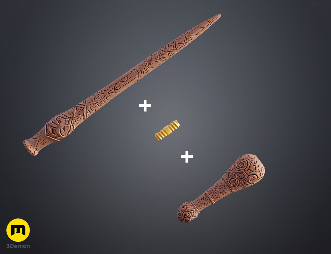 Assembly exploded render of Rafael Santos wand showing handle and shaft separated with gold threaded screw connector visible between the two parts for joining without glue
