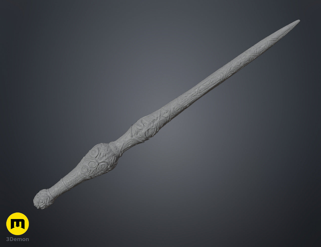 Wireframe mesh render of Rafael Santos wand on dark background showing dense grey polygon topology of complex carved handle swirls geometric patterns and spiral ornamental detailing