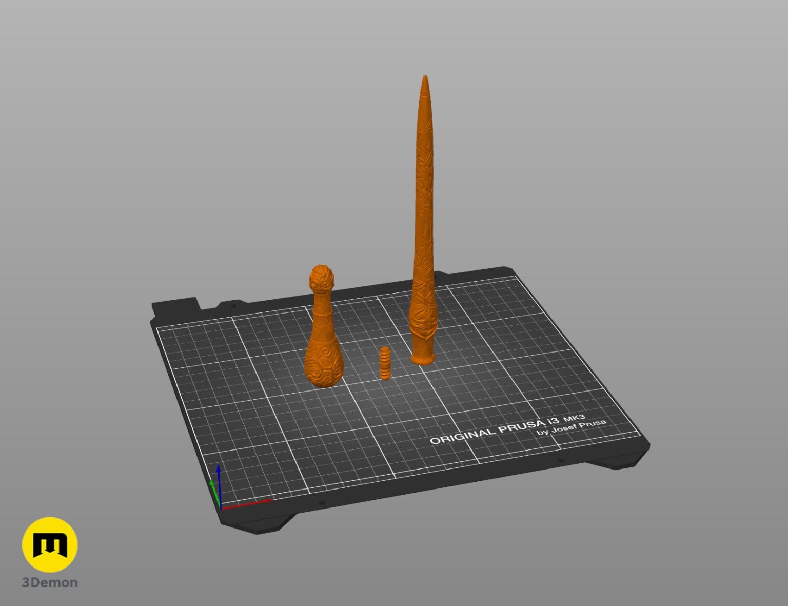 PrusaSlicer screenshot showing Rafael Santos wand three component STL models handle shaft and assembly pin as orange pieces standing vertically on Prusa MK3 virtual print bed ready for FDM printing