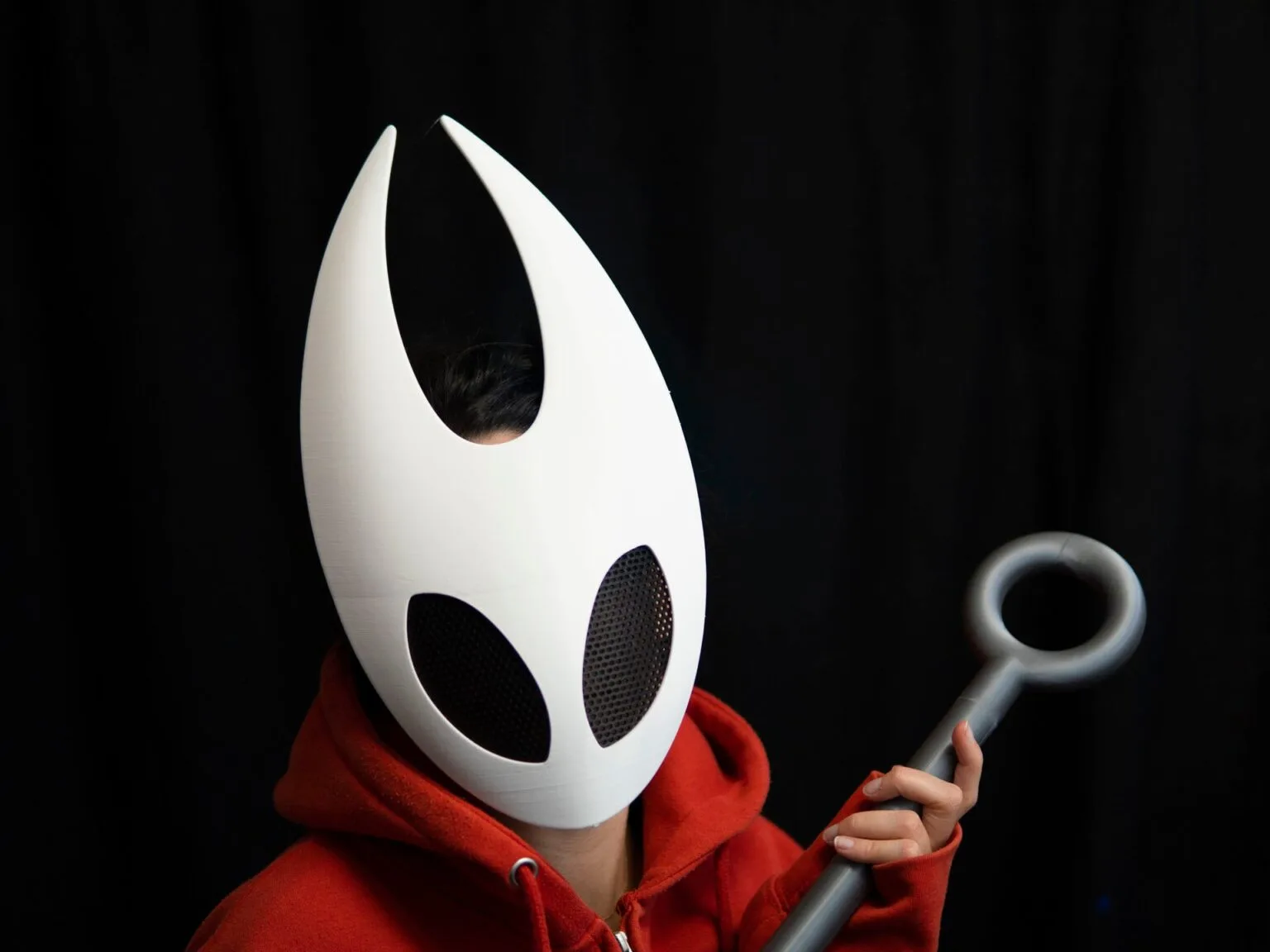 Cover lifestyle photo of 3D printed Hornet Face Mask from Hollow Knight Silksong worn as Halloween mask