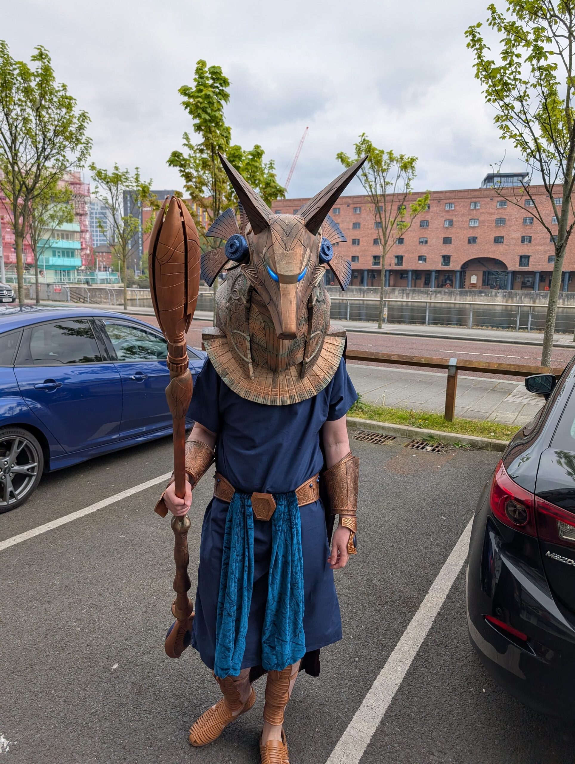 3D printed Stargate Anubis guard costume with helmet and Jaffa staff – Liverpool Comic Con, May 2026