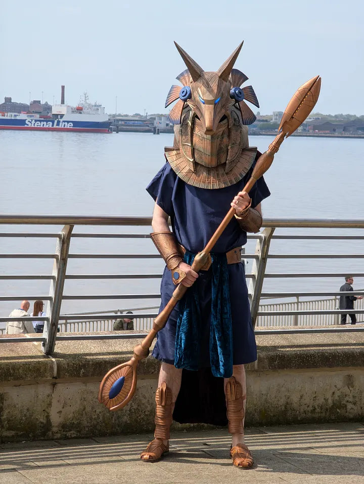 3D printed Stargate Anubis guard costume with helmet and Jaffa staff