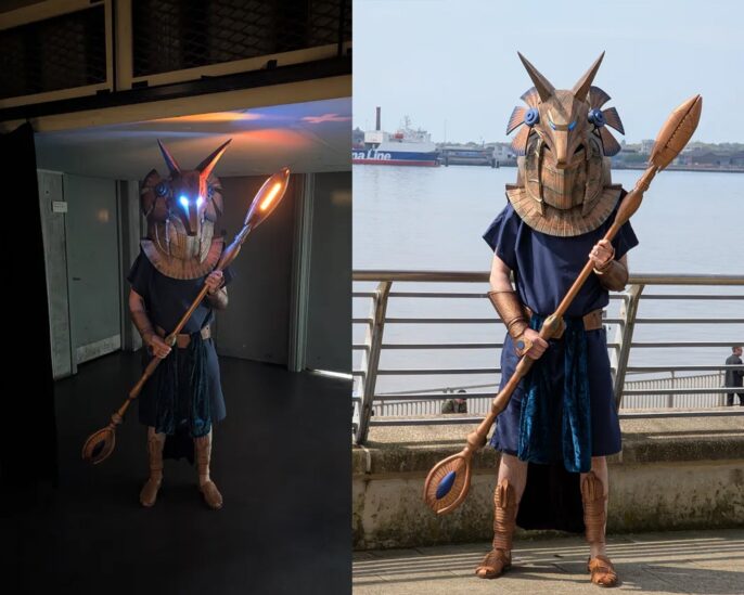 3D printed Stargate Anubis guard costume with helmet and Jaffa staff – finished build
