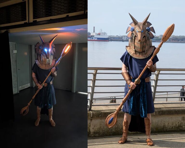 3D printed Stargate Anubis guard costume with helmet and Jaffa staff – finished build