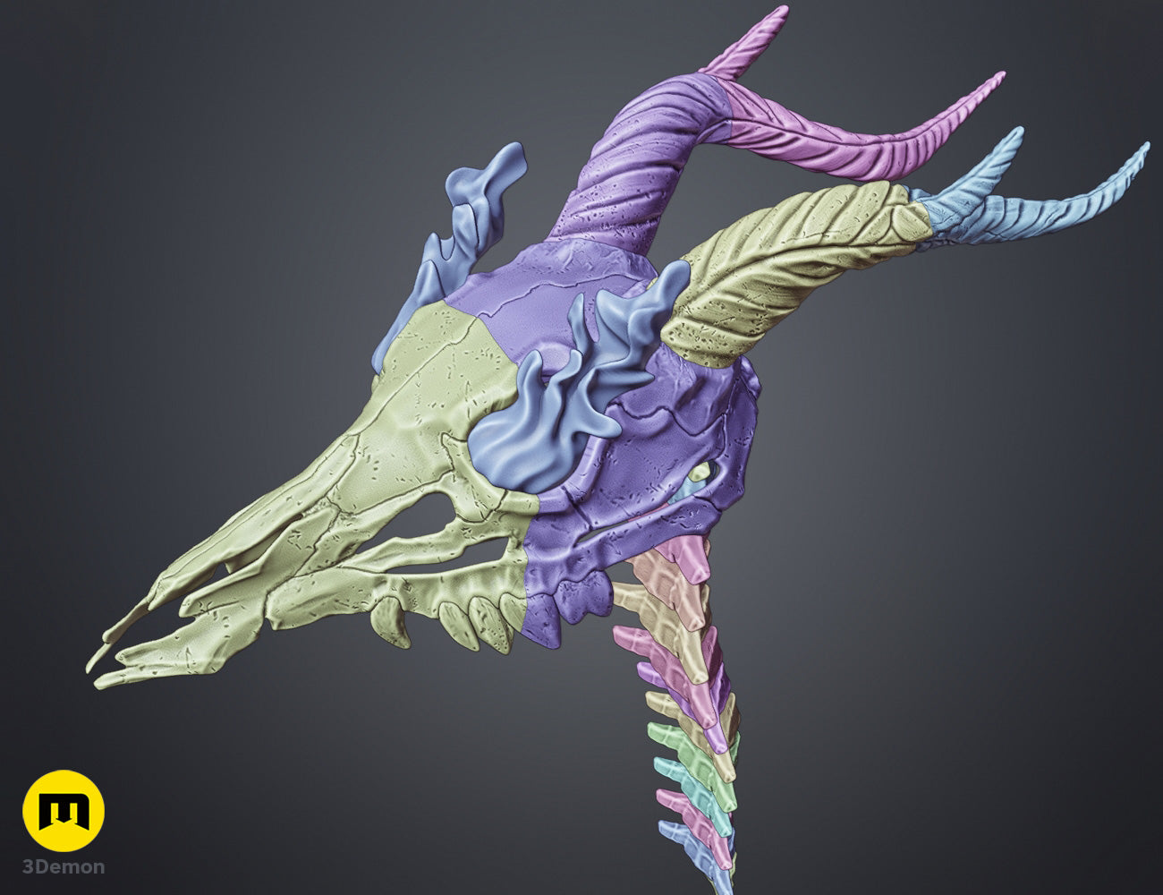 Assembly guide front-quarter render of Slay the Spire Silent Skull Mask STL all parts color-coded skull horns and full spine vertebrae belt assembly